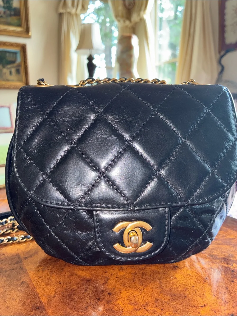 Chanel Black Quilted Glazed Lambskin Crossbody Bag with Aged Gold-Tone Hardware
